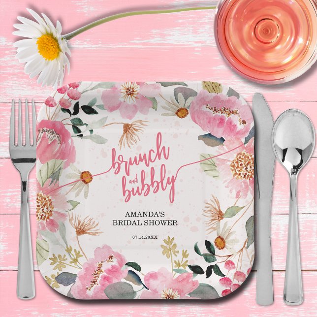 Assiettes En Carton Brunch et Bubbly Fête des mariées florale rose (Brunch and bubbly pink watercolor floral bridal shower square paper plates)