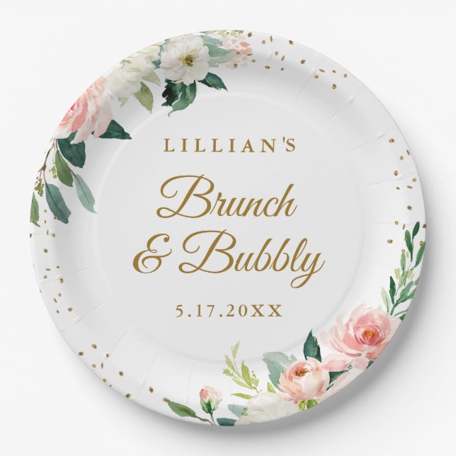 Assiettes En Carton Brunch Fleurs Roses et Bulles d'Or (Devant)