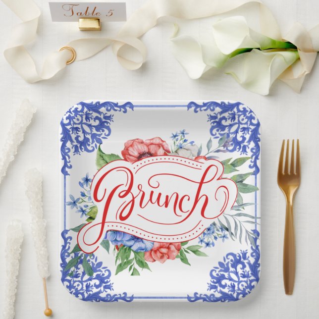 Assiettes En Carton Brunch nuptial rouge, blanc et bleu | Douche (Mariage)