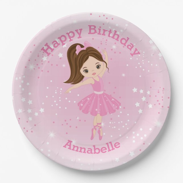 Assiettes En Carton Brunette Ballerina Happy Birthday Papier Plaque (Devant)