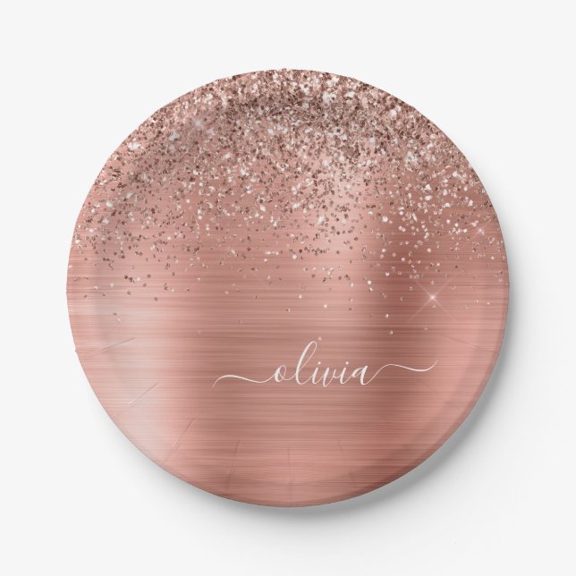Assiettes En Carton Brushed metal rose Gold Pink Glitter Monogram (Devant)