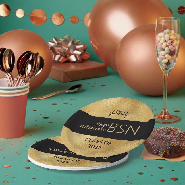 Assiettes En Carton BSN NURSE Graduation RN LPN Nom Black Faux Gold (Multi)