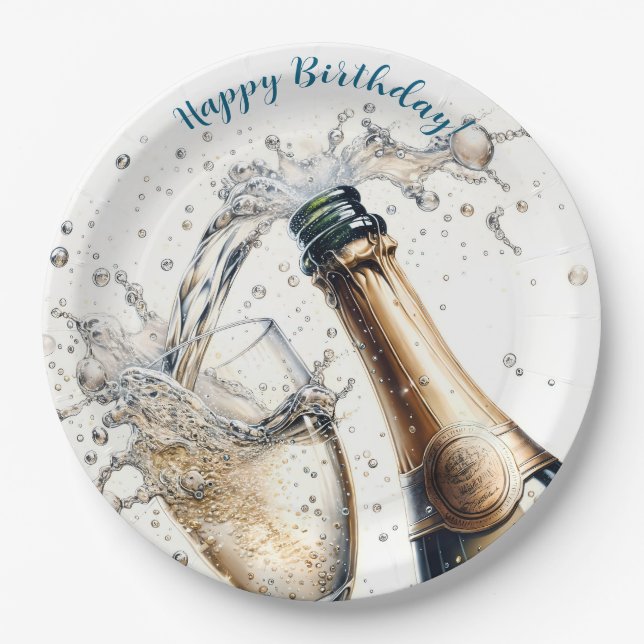 Assiettes En Carton Bubbly champagne Joyeux anniversaire (Devant)