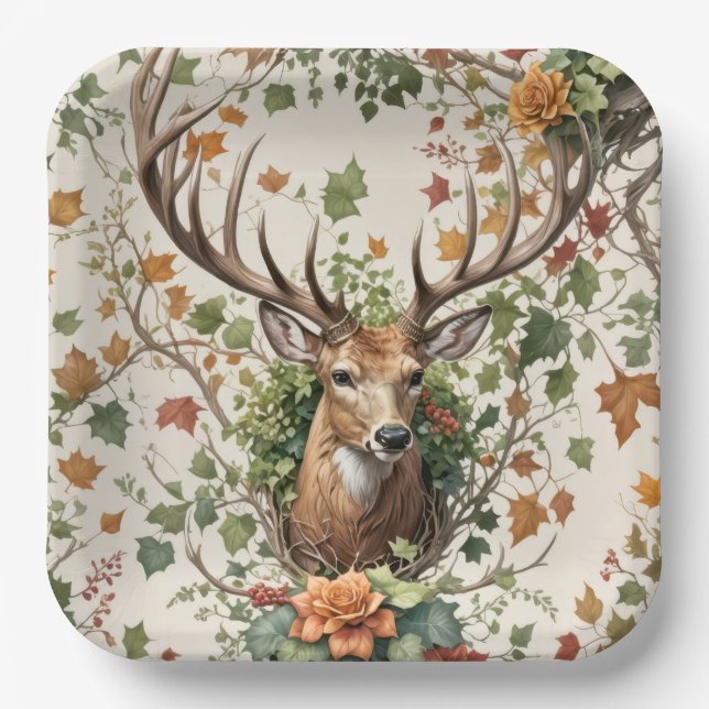 Assiettes En Carton Buck Deer Dans Les Fleurs D'Automne (Recto)
