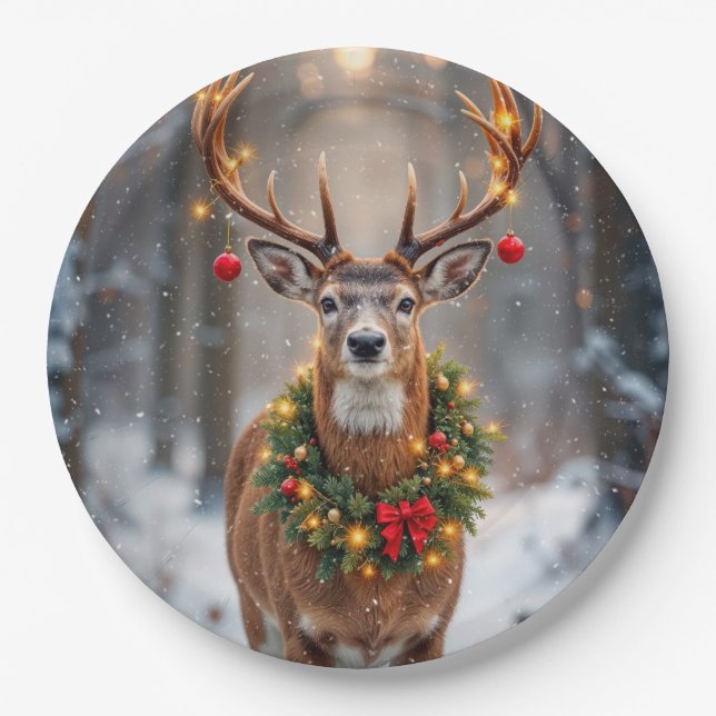 Assiettes En Carton Buck In Snowflakes Wearing a Holiday Wreath (Devant)