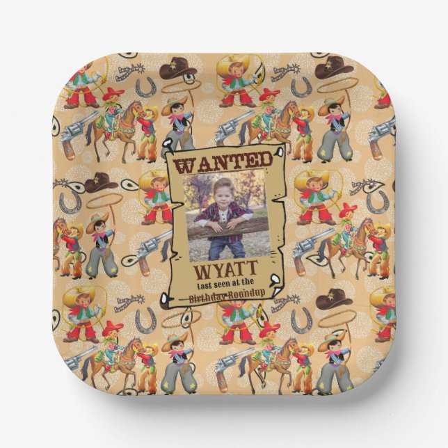Assiettes En Carton Buckaroo Cowboy's Birthday Photo & Name Cute (Recto)