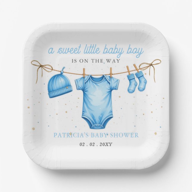 Assiettes En Carton Budget Clothesline Blue Boy Baby Shower invitation (Recto)