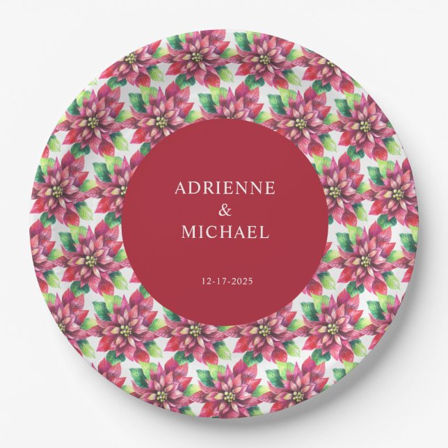 Assiettes En Carton Budget Red Poinsettia Mariage de Noël (Devant)