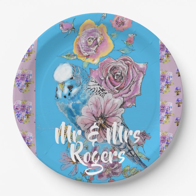 Assiettes En Carton Budgie Aquarelle lilas floral Mariage Plaque de pa (Devant)