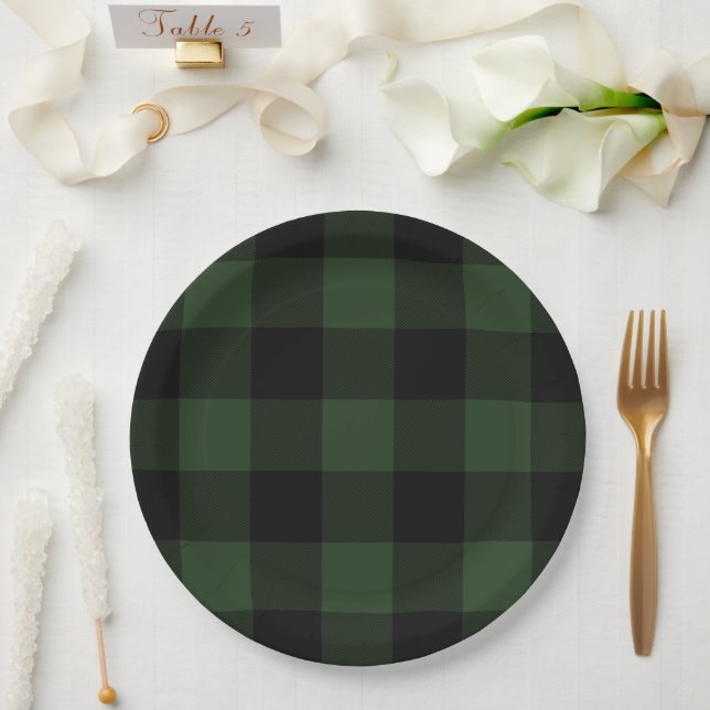 Assiettes En Carton Buffalo Check Celtic Green et Black Symétrie (Mariage)