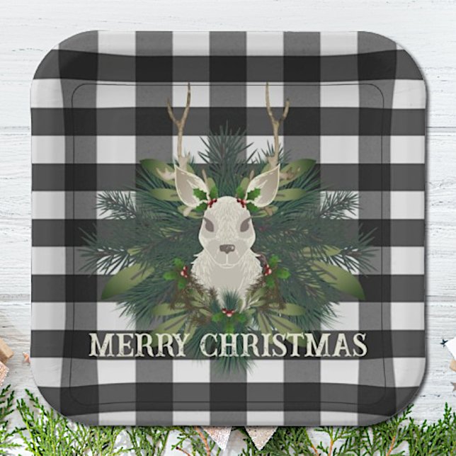 Assiettes En Carton Buffalo Plaid Festin Reindeer Noël (Buffalo Plaid Festive Reindeer Christmas Paper Plates)