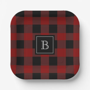 Assiettes En Carton Buffalo rustique Plaid Moderne Monogramme Rouge No