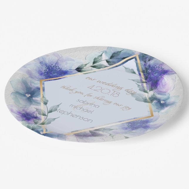 Assiettes En Carton Buffet mariage | Aquarelle Violet Bleu Fleurs (Angle)