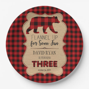Assiettes En Carton Buffle rouge Plaid Anniversaire TROIS Personnalisé