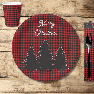 Assiettes En Carton Buffle rouge rustique et noir Plaid Christmas Tree
