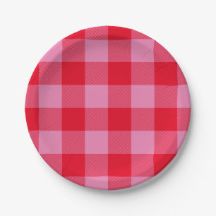 Assiettes En Carton Buffle rouge vif et rose plaid