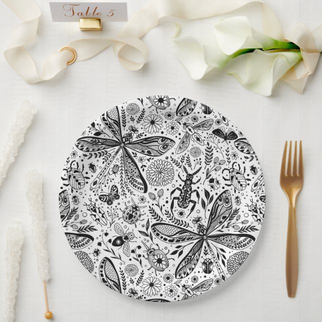 Assiettes En Carton Bugs de Doodle sur bleu foncé (Mariage)