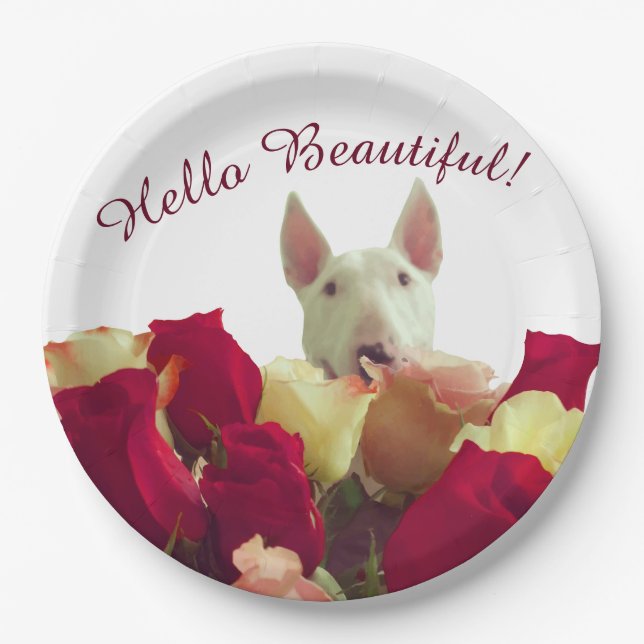Assiettes En Carton Bull terrier avec salutation rose - Hello Beautifu (Devant)