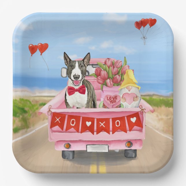 Assiettes En Carton Bull Terrier Chien Saint-Valentin Coeurs de camion (Recto)