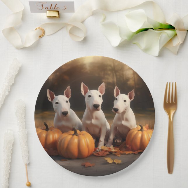 Assiettes En Carton Bull Terrier Chiot Automne Citrouille de plaisir (Mariage)