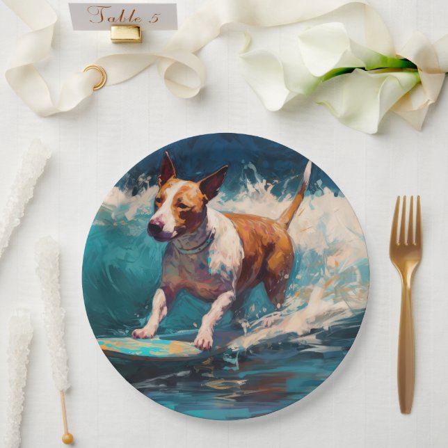 Assiettes En Carton Bull Terrier Plage Surf Peinture (Mariage)