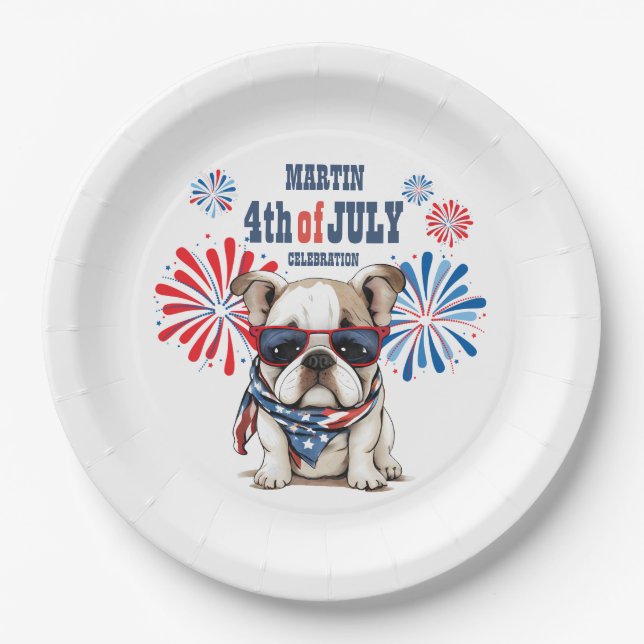 Assiettes En Carton Bulldog 4 juillet Fête de l'Indépendance Rouge Bla (Devant)