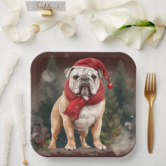 Assiettes En Carton Bulldog à Noël de neige (Mariage)