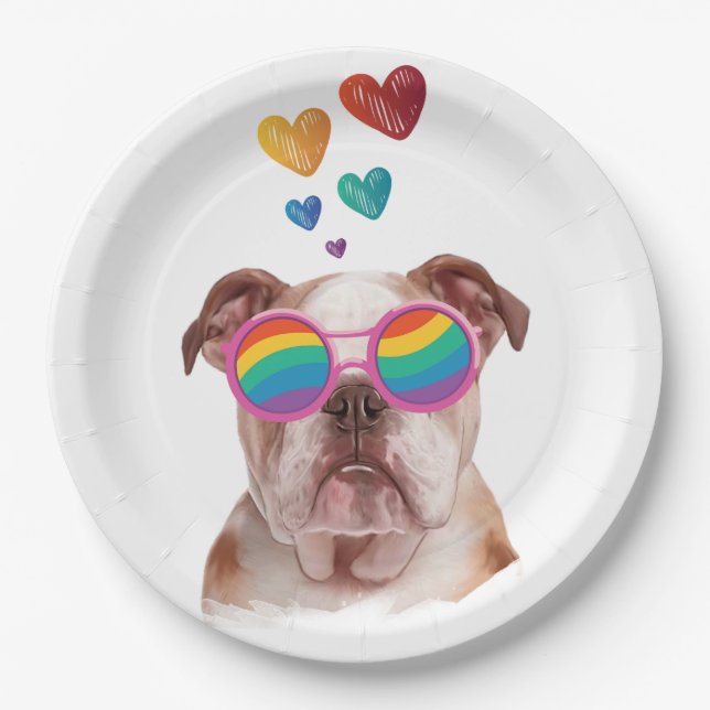 Assiettes En Carton Bulldog anglais avec des coeurs Saint-Valentin (Devant)