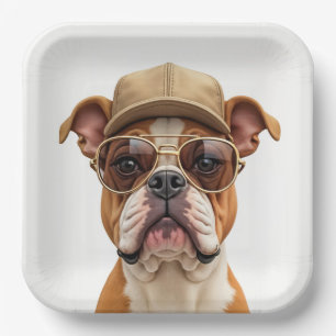 Assiettes En Carton Bulldog portant un Casquette et des lunettes de so