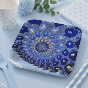 Assiettes En Carton Bulles fractales ombrées bleues abstraites