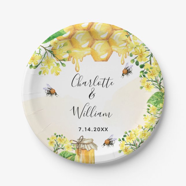 Assiettes En Carton Bumble abeilles miel fleurons jaunes mariage (Devant)