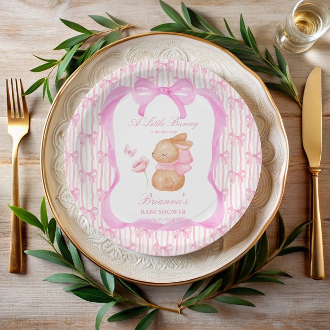 Assiettes En Carton Bunny baby shower arc rose monogrammed (Bunny pink bow baby shower monogrammed paper plates personalized table decor printed paper plates)