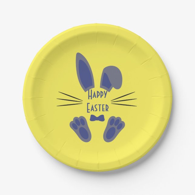 Assiettes En Carton Bunny de Pâques bleu et jaune (Devant)