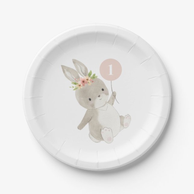 Assiettes En Carton Bunny Pink Balloon 1er anniversaire (Devant)