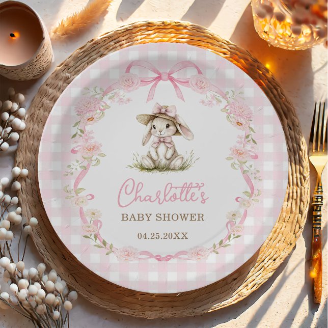 Assiettes En Carton Bunny Pink Bow Gingham Baby Shower (Créateur téléchargé)