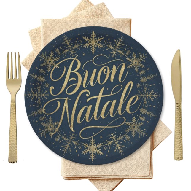 Assiettes En Carton Buon Natale Italian Christmas - Navy & Gold (Buon Natale Elegant Navy plate with gold script surrounded by circular snowflakes in gold)