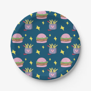 Assiettes En Carton Burger rose mignon et Motif Fries