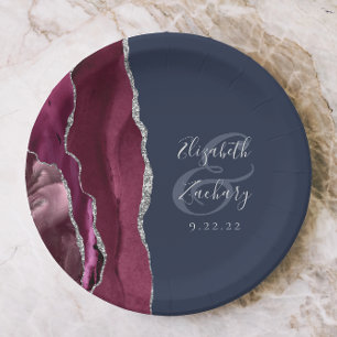 Assiettes En Carton Burgundy Argent Agate Marine Mariage bleu