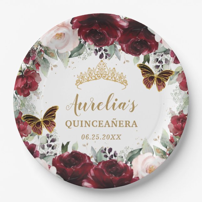 Assiettes En Carton Burgundy Blush Floral Quinceañera Tiara Princesse (Devant)