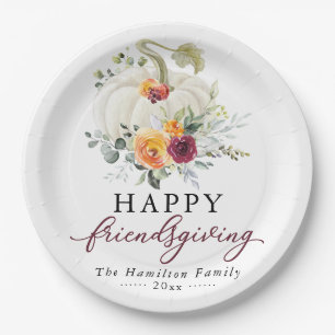 Assiettes En Carton Burgundy Floral Friendsgiving Citrouille Blanche