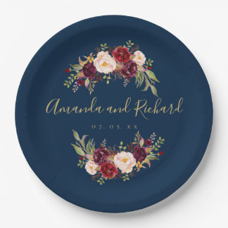 Assiettes En Carton Burgundy Floral Navy Blue Gold Engagement Party