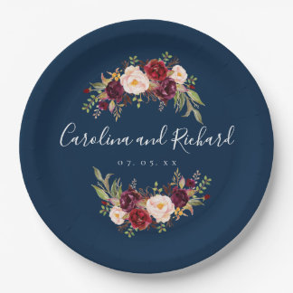 Assiettes En Carton Burgundy Floral Navy Blue Rustic Engagement Party