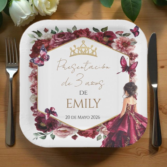 Assiettes En Carton Burgundy Floral Presentación de 3 años (Créateur téléchargé)