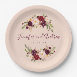 Assiettes En Carton Burgundy Floral Russe Blush Pink