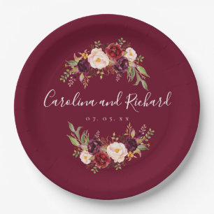 Assiettes En Carton Burgundy Floral Rustic