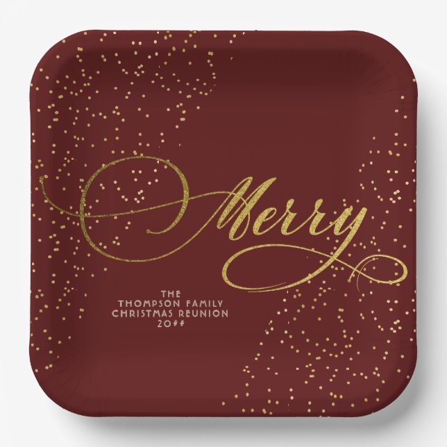 Assiettes En Carton Burgundy Gold Script Merry Bright Famille Noël (Recto)