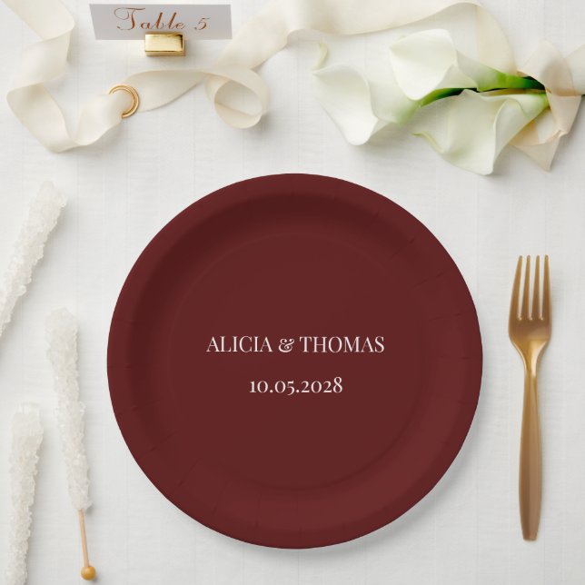 Assiettes En Carton Burgundy Modern Initials Minimalist Wedding  (Mariage)