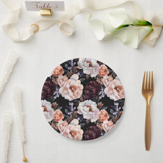 Assiettes En Carton Burgundy Peonies Motif Floral (Mariage)