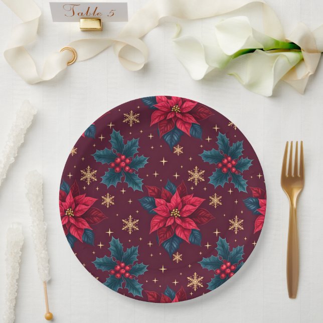 Assiettes En Carton Burgundy Poinsettia & Gold Snowflake  (Mariage)