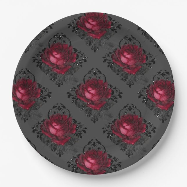Assiettes En Carton Burgundy Rose Motif Gothique Élégant | Halloween (Devant)